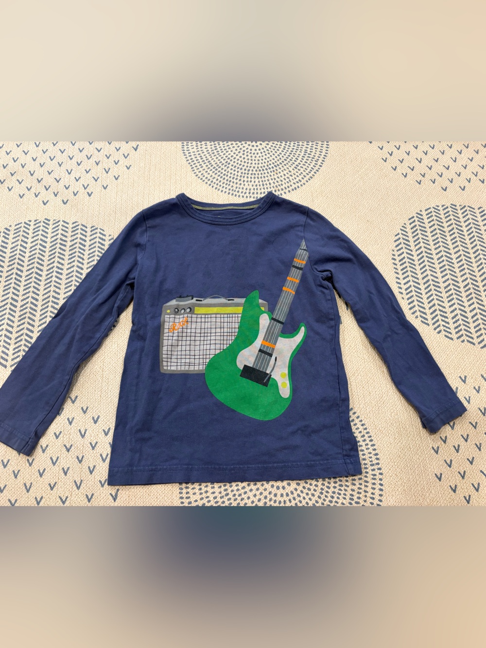 Mini Boden Navy Long-Sleeve Tee with Green Guitar Graphic 3-4